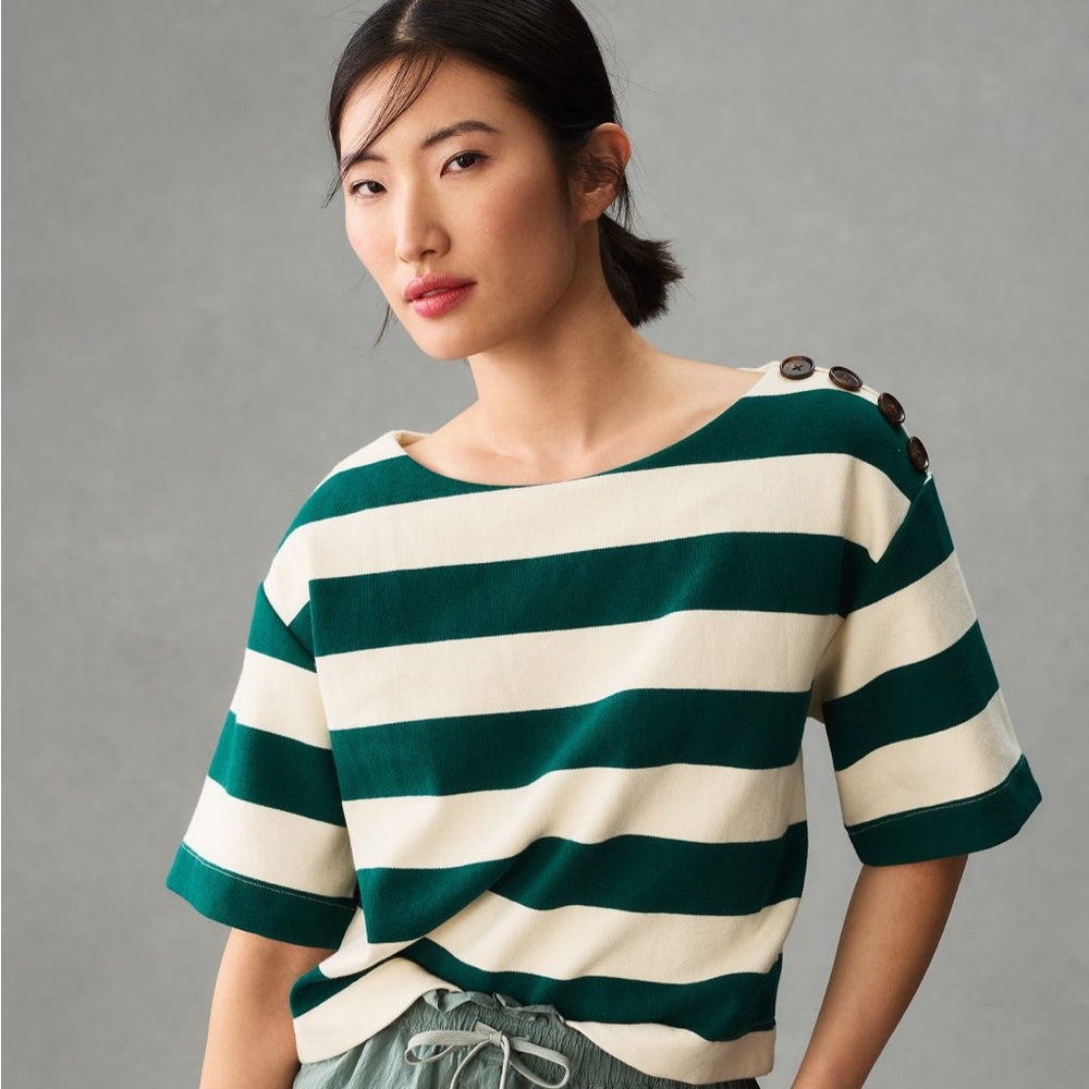 NWT Anthropologie Cotton Striped Boxy Top W/Button Details, Size M
